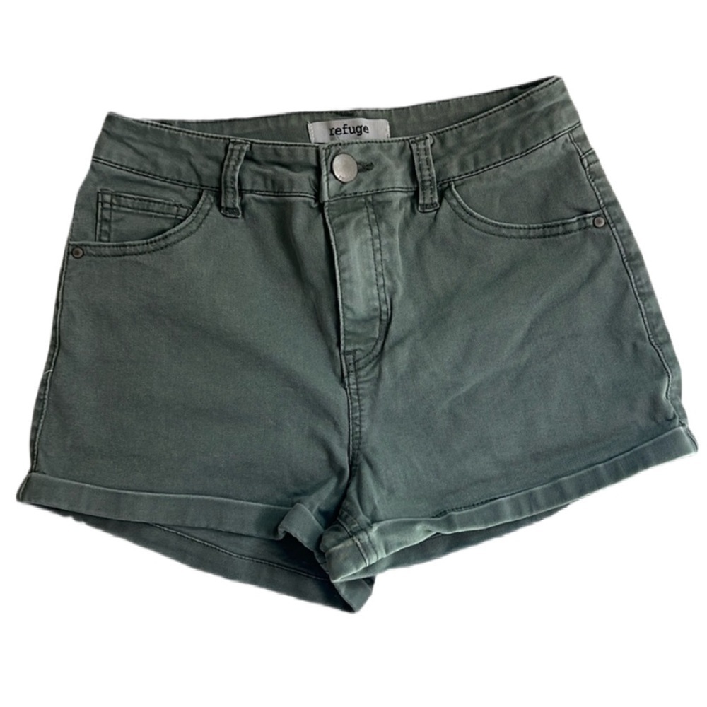 Refuge Size 0 Juniors Olive Green Color Zip-Up Short Shorts - Picture 2 of 9